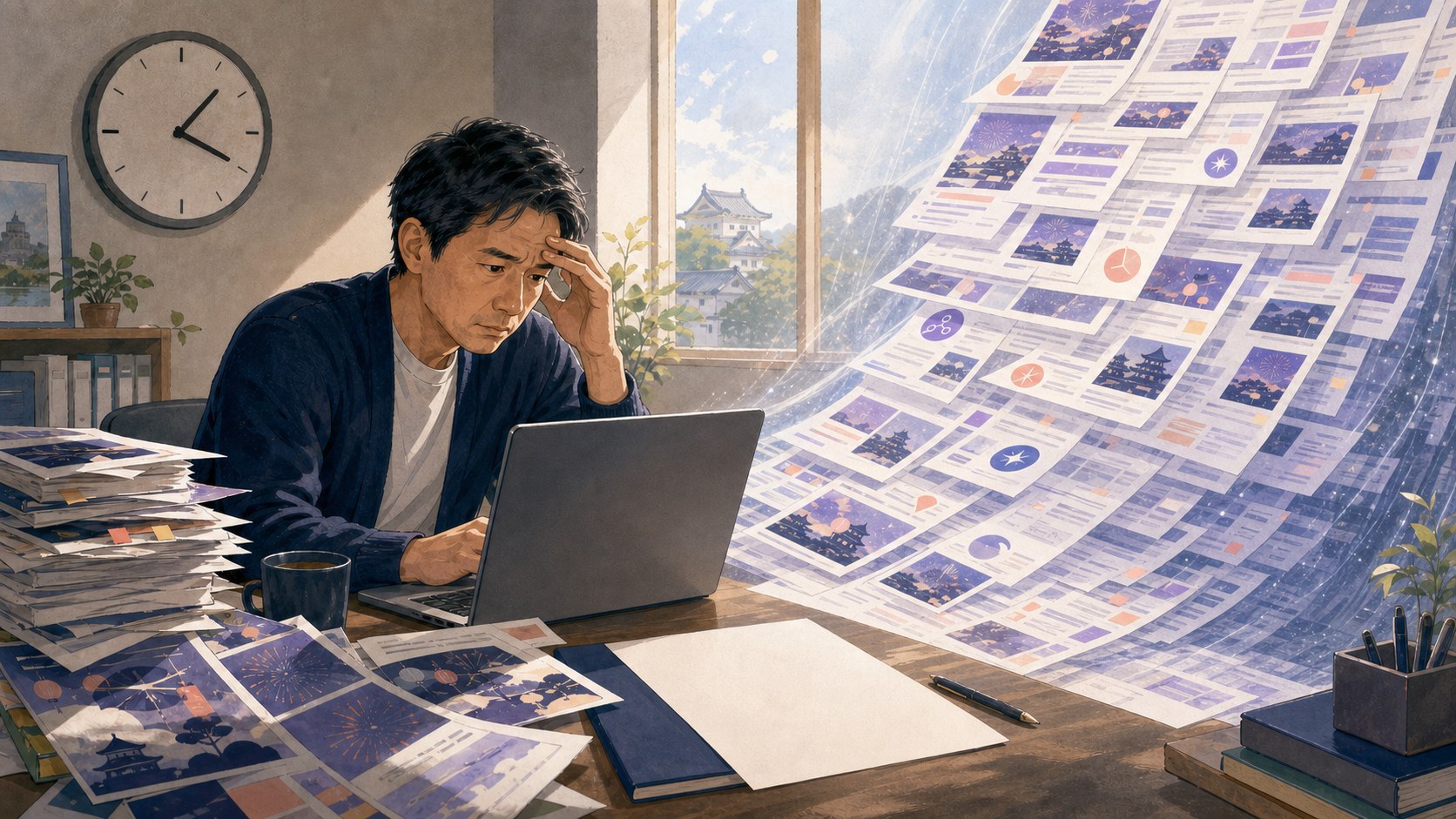 締切が迫る朝の事務所で、大量の資料と長いAI回答を前に困る地域事業者