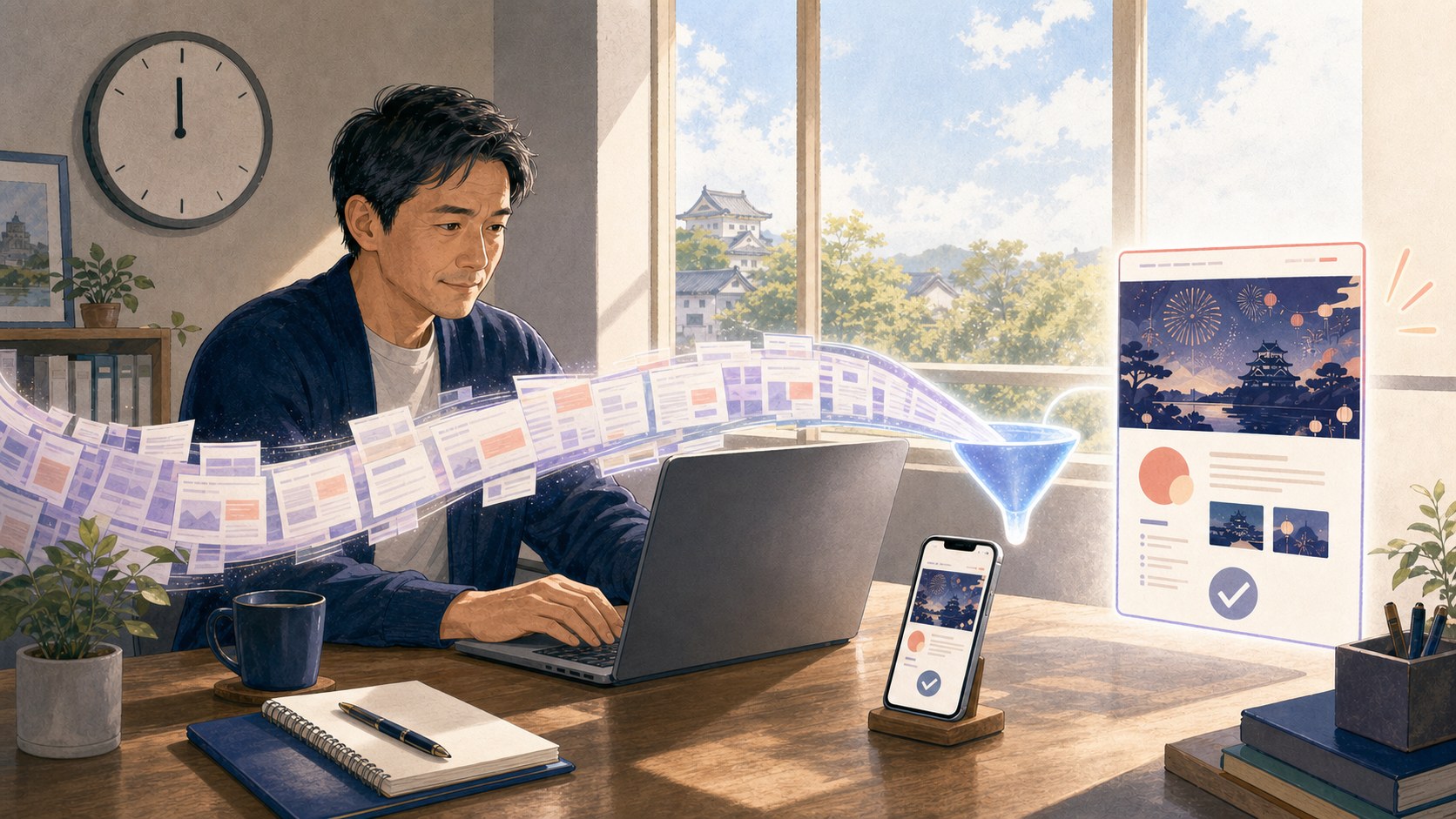 長いAI回答を短い完成稿へ絞り込み、正午前に地域交流会の告知を公開する地域事業者