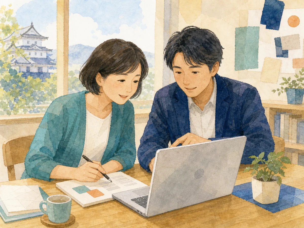 講師と受講者がパソコンを見ながら一緒に作業するイメージ