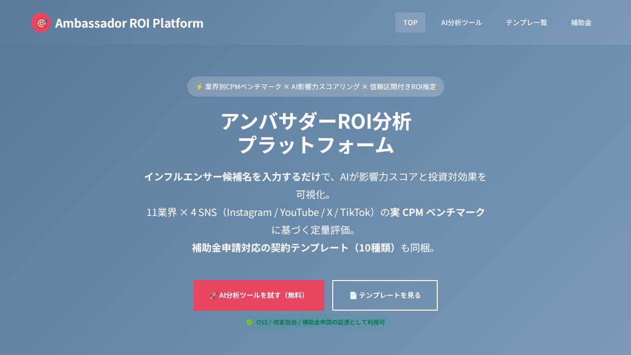 アンバサダーROI分析のサイト画面